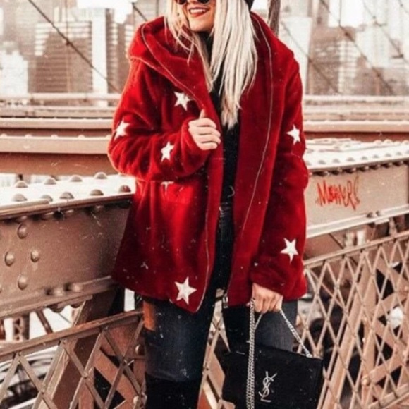 ⭐️ Shein Faux Fur Star Print Hoodie Jacket Coat size SMALL - Picture 6 of 16